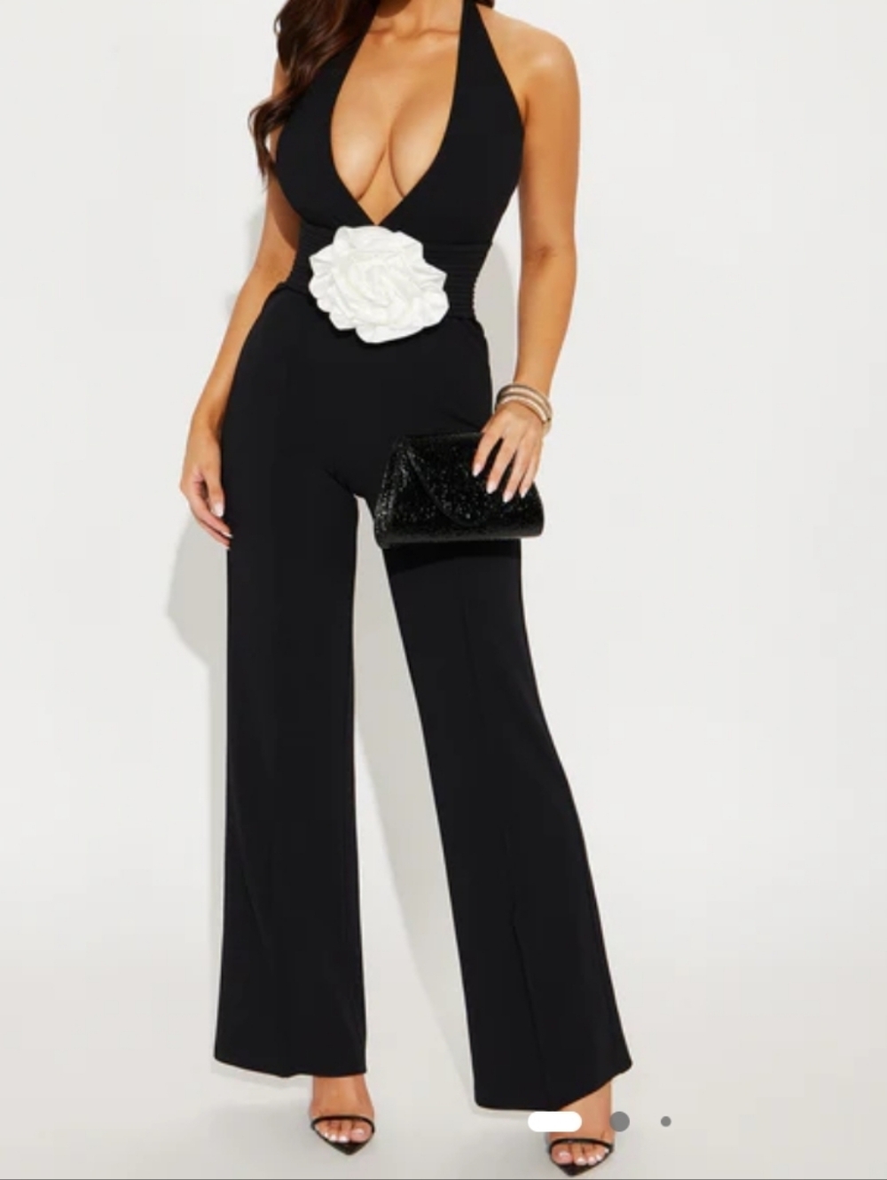 Fashion Nova Black Halter Wide-Leg Jumpsuit with White Floral Rosette